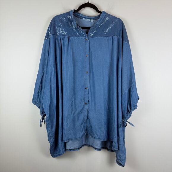 kaktus Top Women's 2X Plus Blue Chambray Dolman Sleeve Button Front Blouse Boho - Picture 1 of 7
